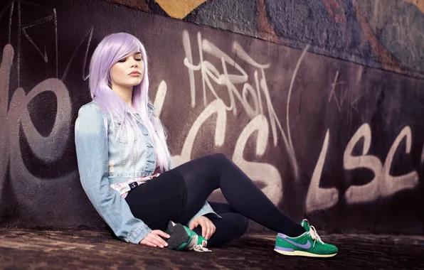 Picture girl, model, sneakers, jacket, tights, Julia Coldfront