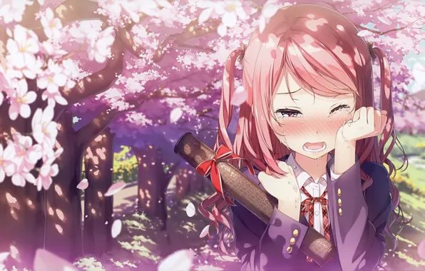 Picture spring, petals, blush, schoolgirl, pink hair, two tails, diploma, the cherry blossoms, tears of happiness, …