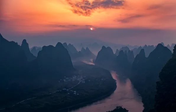 Picture the sun, sunset, mountains, river, China, Guangxi