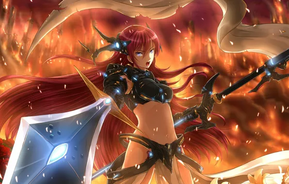Picture music, fire, flame, sword, Vocaloid, armor, war, fight, ken, blade, warrior, angry, oppai, spear, spark, …