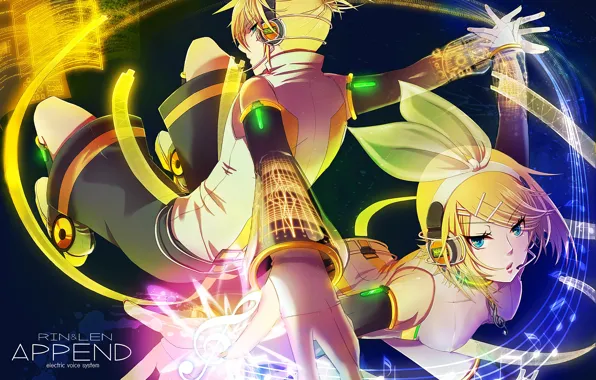 Picture girl, headphones, figures, guy, two, Vocaloid, Vocaloid, Kagamine Len, Kagamine Rin, melody