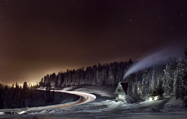 Picture winter, road, forest, light, night, house, smoke