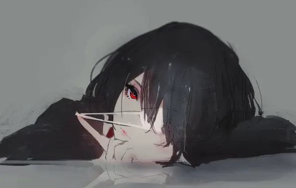 Picture loneliness, boredom, grey background, red eyes, eye patch, other, Another, Misaki Mei, depression