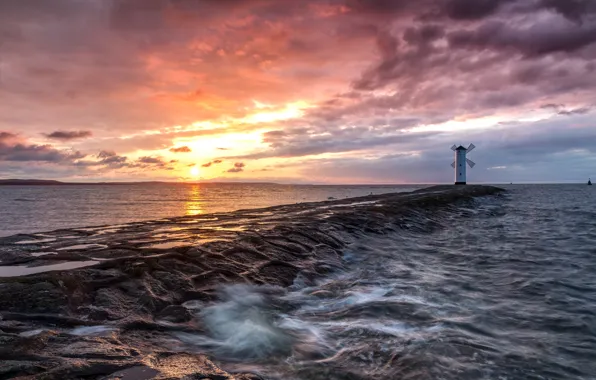 Picture sea, the sky, the sun, clouds, birds, dawn, coast, lighthouse, horizon, Poland