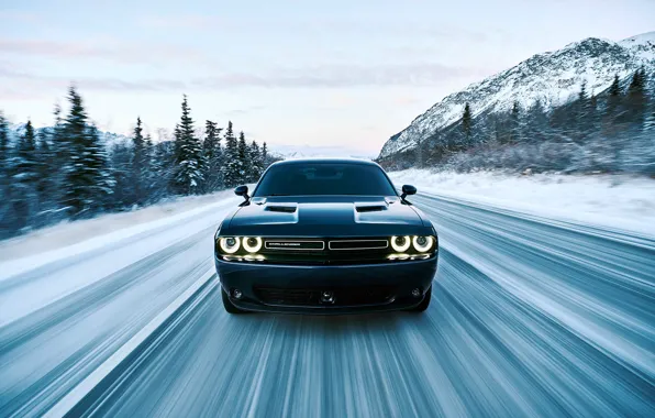 Picture sky, dodge, challenger, mountains, speed, racing, spruce, movement, riding