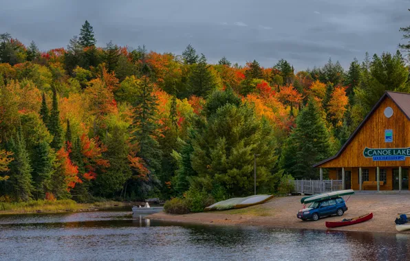 Picture auto, autumn, forest, trees, machine, lake, shore, boats, Canada, the hotel, Ontario, backpacks, tourists, Canoe …