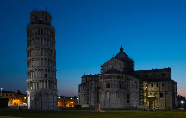 Picture the sky, night, lights, tower, Italy, Cathedral, temple, Pisa, architecture, Tuscany, Pisa, The leaning tower …