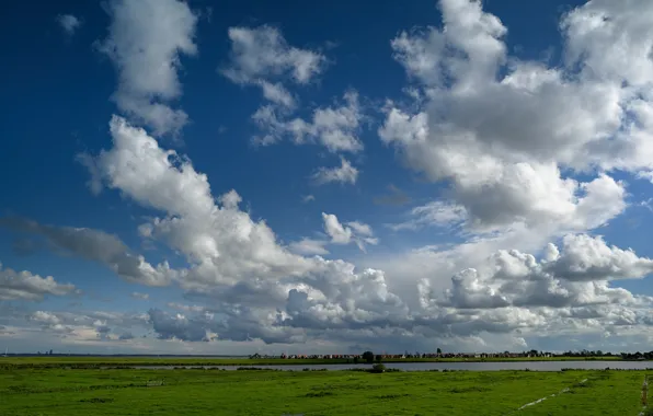 Picture greens, field, the sky, grass, clouds, river, houses, Netherlands, Marken