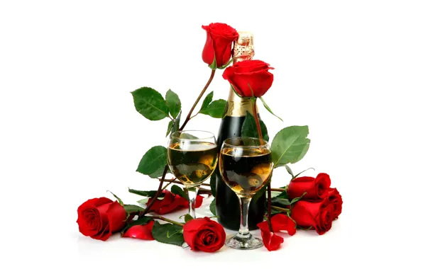 Picture flowers, bottle, roses, glasses, red, white background, champagne