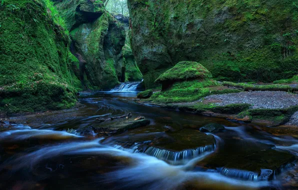 Picture greens, stream, stones, rocks, for, moss, Scotland, cascade, Finnich Glen