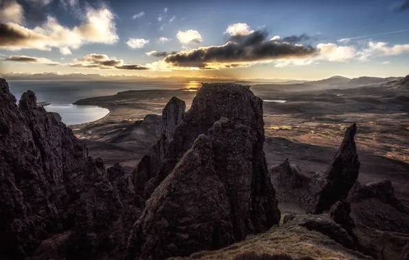 Picture the sky, clouds, rocks, Sunrise from the Quiraing
