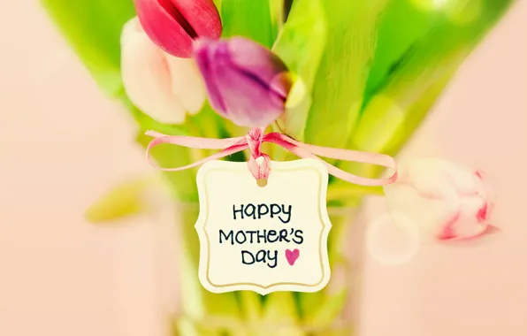 Picture the inscription, tulips, heart, bow, blur, bokeh, postcard, mother's day