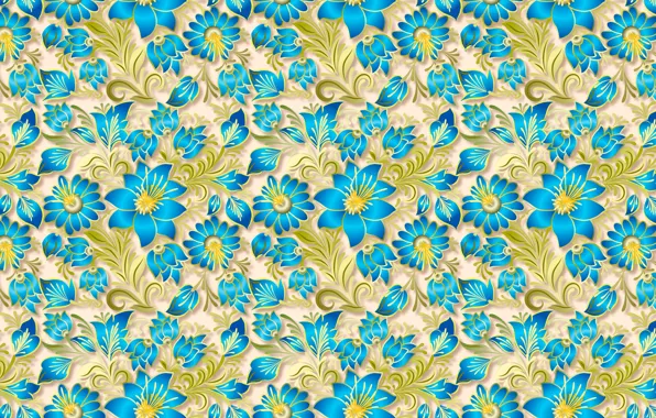 Picture flowers, blue, pattern, gold
