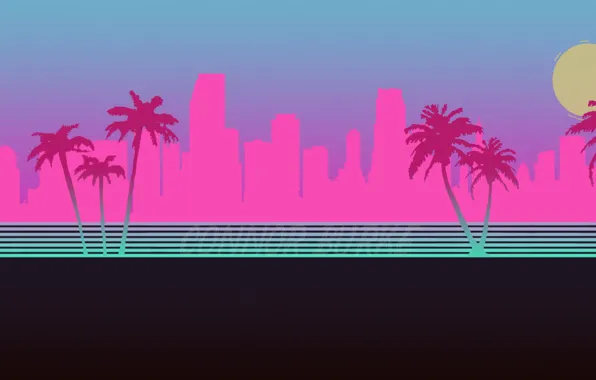 Picture The city, Neon, Palm trees, Silhouette, Background, Hotline Miami, Synthpop, Darkwave, Synth, Retrowave, Synthwave, Synth …
