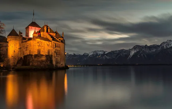 Picture forest, the sky, mountains, night, lights, lake, Switzerland, Castle, Chillon castle