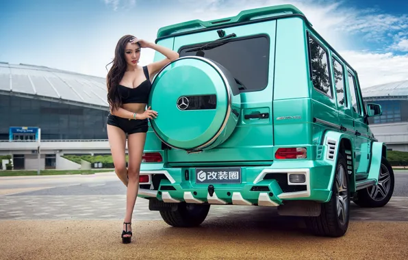 Picture the sky, look, girl, Girls, Mercedes, Asian, green car