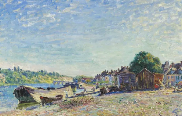 Picture landscape, river, shore, boat, picture, Alfred Sisley, Alfred Sisley, The banks of the Luena in …