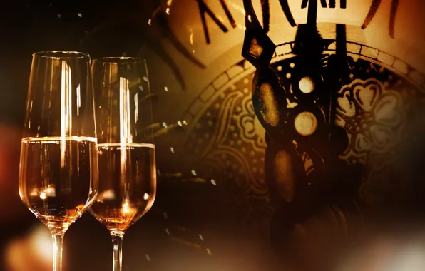 Picture decoration, night, watch, New Year, glasses, champagne, 2018, New Year, decoration, Happy