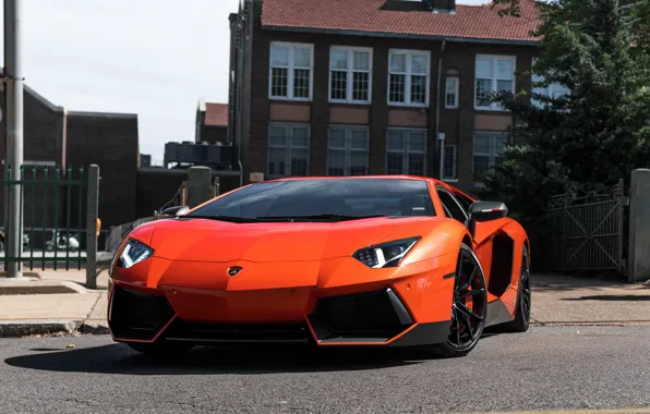 Picture Lamborghini, House, Orange, Street, Aventador
