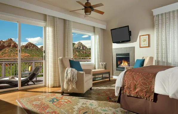 Picture interior, fireplace, bedroom, Luxury Accommodations, Vista Cottages, The Inn of Sedona