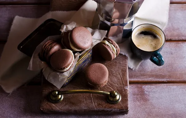 Picture coffee, cookies, Cup, cream, dessert, cakes, coffee cup, cookies, macaron, almond, macaroon
