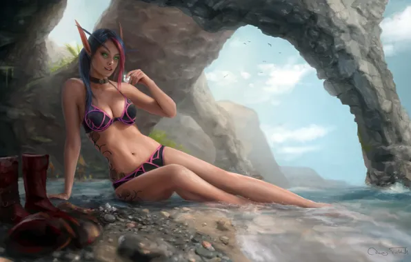 Picture chest, girl, feet, shore, body, World of Warcraft, ears, Warcraft, wow, elf, emaliena