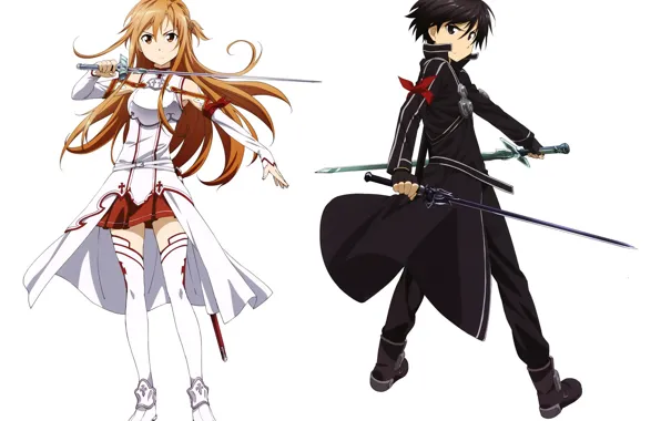 Picture sword, white background, red, cloak, Yuuki Asuna, Sword Art Online, Kirito, Kirigaya Kazuto, Sword Art …