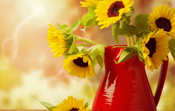 Picture leaves, flowers, bouquet, pitcher, Golden sunflowers