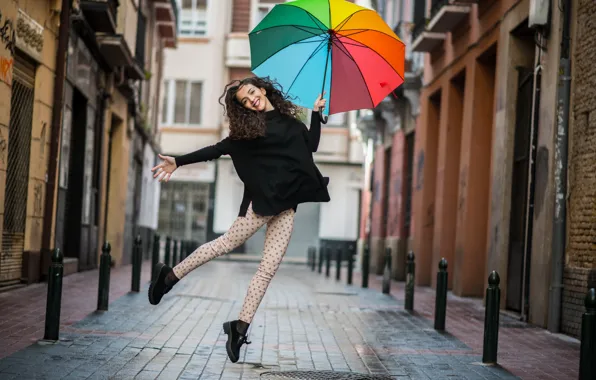 Picture girl, the city, smile, mood, street, umbrella