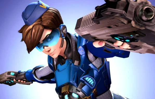 Picture girl, gun, pistol, game, weapon, Overwatch, Tracer