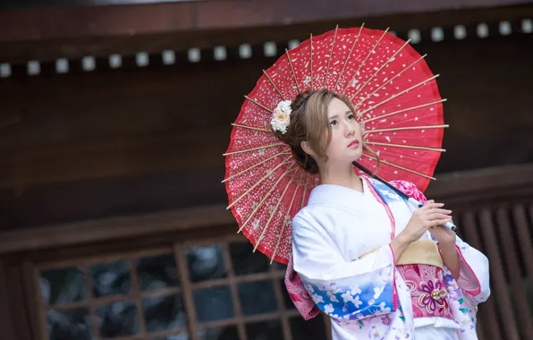 Picture girl, umbrella, kimono, Asian
