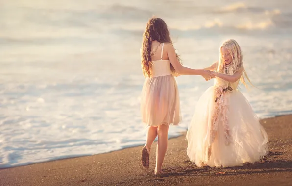 Picture sand, shore, dance, dresses, two girls, Beach Happy
