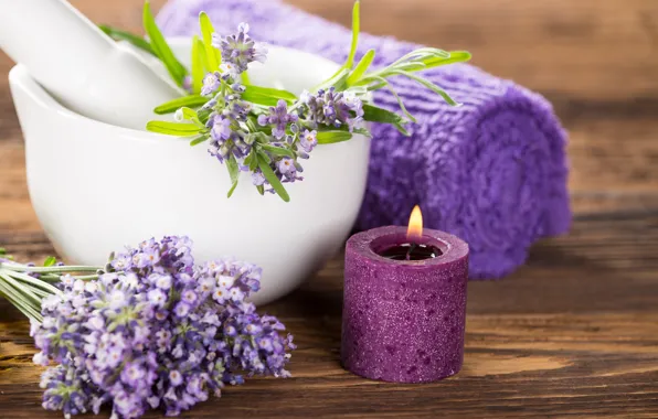 Picture flowers, candle, towel, lavender