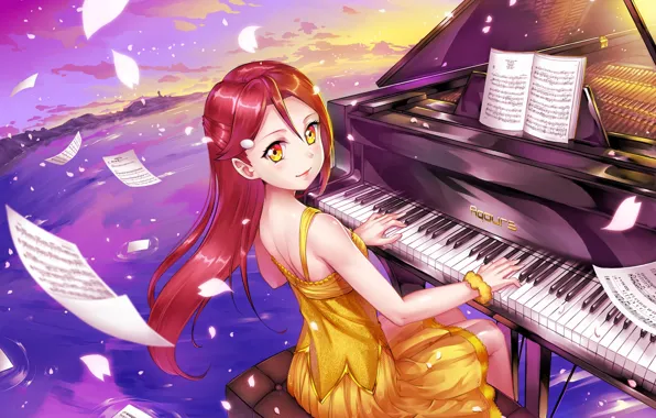 Picture Sunset, Nature, Girl, Piano, Love live!, Sheets of paper