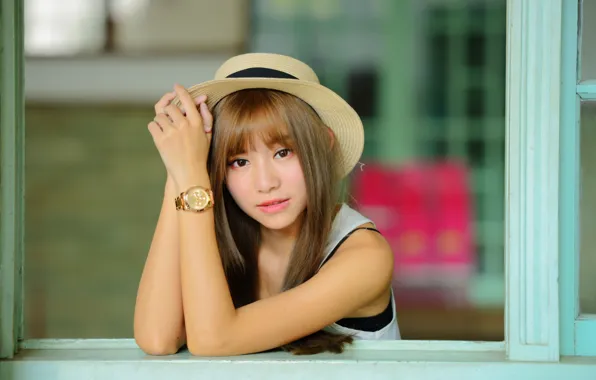 Picture look, girl, hair, watch, hat, Asian