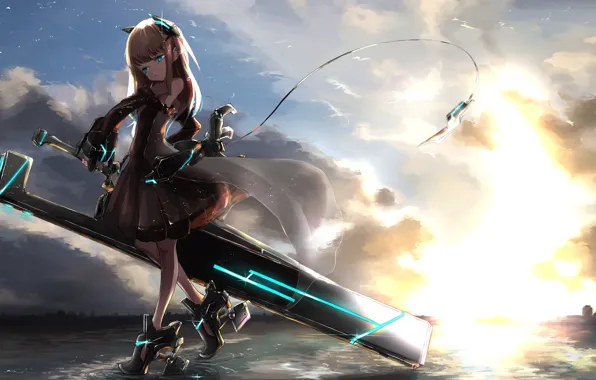 Picture girl, sunset, weapons, anime, art