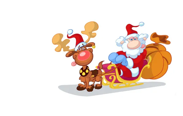 Picture holiday, minimalism, deer, art, New year, sleigh, Santa Claus, bag