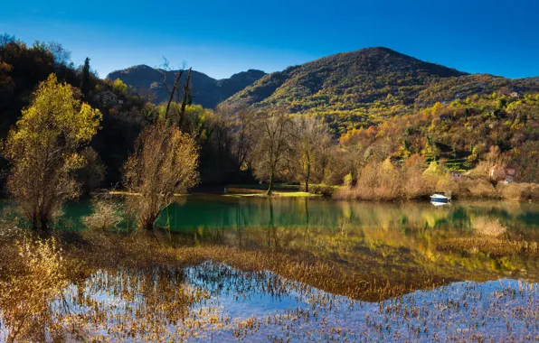 Picture mountains, lake, boat, Montenegro
