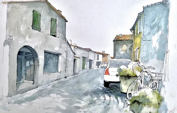 Picture bike, the city, street, figure, home, watercolor, car