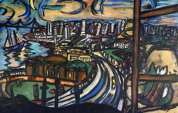 Picture road, ship, the evening, Crescent, Vanguard, Expressionism, Max Beckmann, Port city