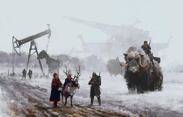 Picture game, soldier, machine, fog, man, reindeer, cannon, horn, Scythe, bison, perforator, peasants