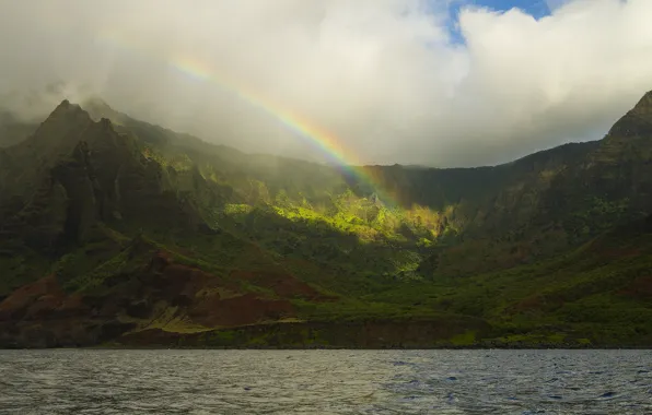 Picture sea, mountains, rainbow, Hawaii