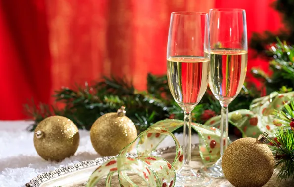 Picture berries, holiday, balls, new year, spruce, glasses, tape, decoration, decor, glass of champagne