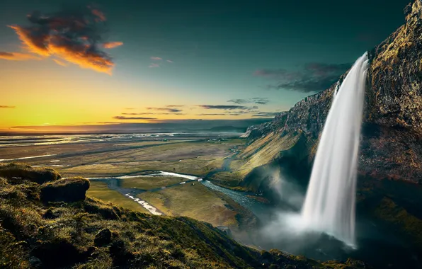 Picture twilight, river, sky, landscape, nature, sunset, clouds, rocks, waterfall, Iceland, horizon, moss, plain