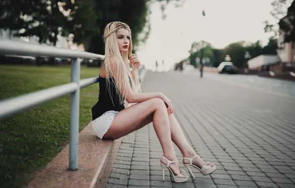 Picture girl, trees, sexy, pose, lawn, street, shorts, home, makeup, Mike, the fence, hairstyle, blonde, braids, …