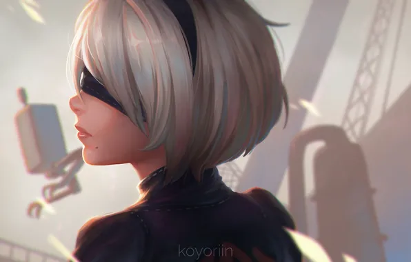 Picture girl, white, game, robot, black, android, art, beautiful, square enix, factory, nier, bandage, ps4, column, …