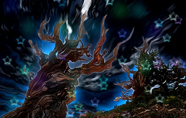 Picture the sky, stars, abstraction, rendering, glow, fantasy art, fabulous night, gnarled trees