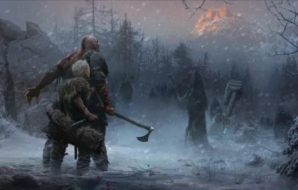 Picture axe, game, Sony, Kratos, God of War, snow, knife, Loki, god, god slayer, Atreus