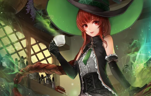 Picture girl, hat, couples, Cup, witch