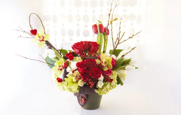 Picture flowers, background, roses, bouquet, tulips, orchids, Verba, hydrangeas